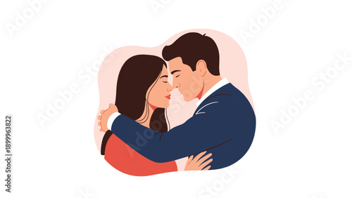 Young couple in elegant attire shares a romantic and intimate moment together while standing in a warm embrace against a soft pink backdrop.