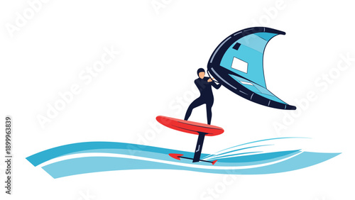 Adventurous person enjoys water sports by wing foiling on a bright red hydrofoil board with a blue wing over the waves of the deep blue sea.