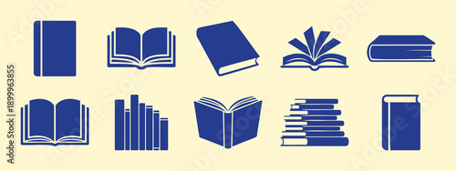 Collection of blue book icons featuring open, closed, and stacked designs on a light background. Vector