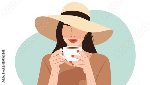 Stylish woman wearing a wide-brimmed sun hat holds a cup of hot coffee while enjoying a peaceful moment in the sunshine against a soft backdrop.