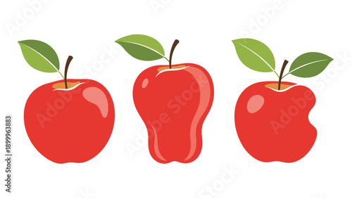 Three bright red apples with green leaves are displayed in a row, including a normal one, a misshapen one, and one with a large bite taken out.