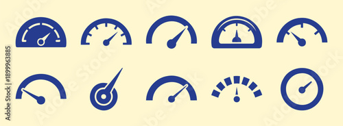 A set of ten blue gauge and speedometer icons showing different levels of performance and speed. Vector