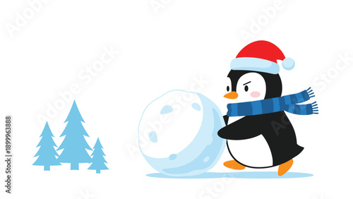 Cute cartoon penguin wearing a red Santa hat and a blue striped scarf playfully rolls a large snowball through a winter forest landscape.
