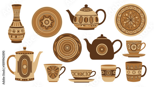 Wide variety of ceramic pottery items including teapots, cups, and plates decorated with intricate brown and tan ethnic patterns for home decor.