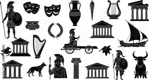 Ancient Greece symbols silhouette set with warriors temples myths arts ships classical culture vector illustration