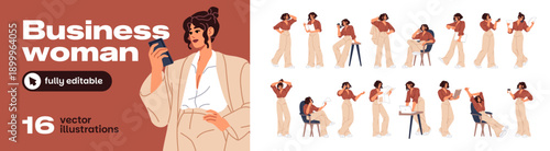 Business woman in different poses set. Businesswoman sits, stands, reads reports, works in laptop and calls on phone. Girl employee, busy office worker. Flat isolated vector illustrations on white.