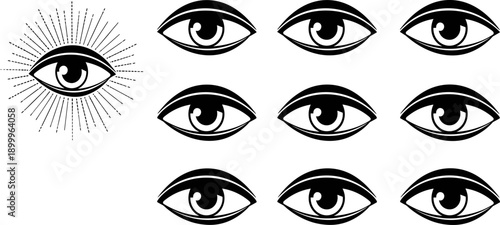 Eye icon set, mystical and graphic eyes, perception and awareness symbols, stylized vector illustration, bold design, cultural concept, visual identity elements