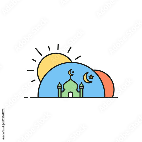 Mosque Icon with Crescent Moon Symbol.