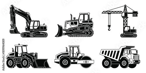 Construction vehicle vector set with excavator bulldozer truck and steam roller