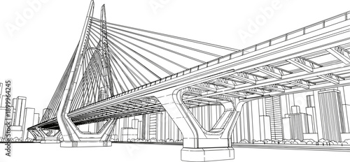 Cable stayed bridge illustration, modern urban architecture sketch, cityscape infrastructure design, civil engineering artwork, black and white structural drawing, contemporary transportation concept