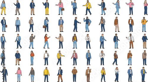 Business people in professional attire, diverse corporate team, office workers standing and walking, modern workplace illustration, business communication, career concept, teamwork