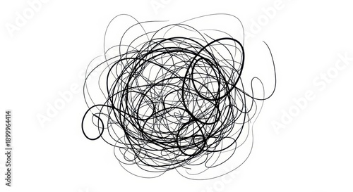 Abstract Tangled Scribble Lines on White Background, Chaotic Drawing, Complex Graphic Element