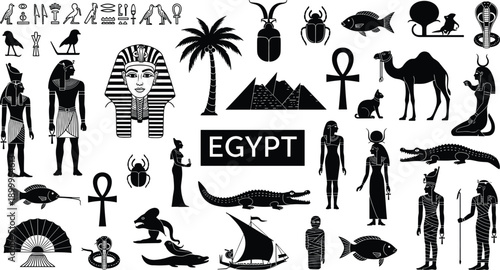 Ancient Egypt symbols silhouette set with pharaoh pyramids hieroglyphs gods animals mythology vector illustration design