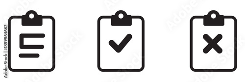 Outline clipboard icon set with checkmark and cross, Checklist Report Symbol, Task Management UI Element, Document Edit Graphic, Line Art Vector Collection