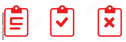 Outline clipboard icon set with checkmark and cross, Checklist Report Symbol, Task Management UI Element, Document Edit Graphic, Line Art Vector Collection