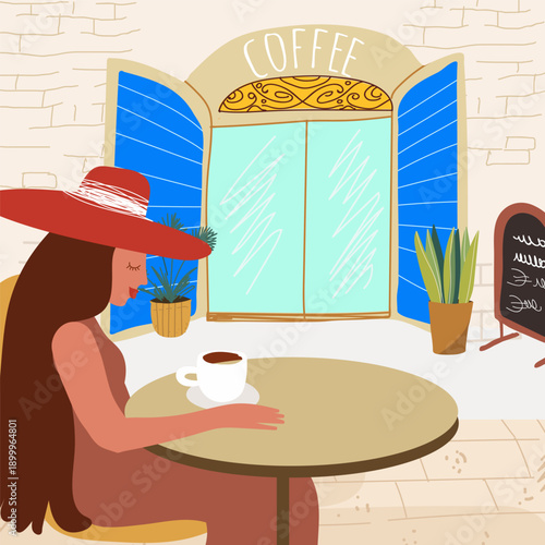 A girl or woman is drinking coffee at a table in a street cafe. Hand drawn vector illustration.