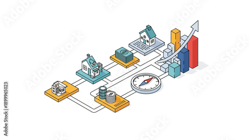 Isometric Real Estate Investment Growth Roadmap. Financial Strategy and Property Value Appreciation Concept with Bar Chart and Compass.