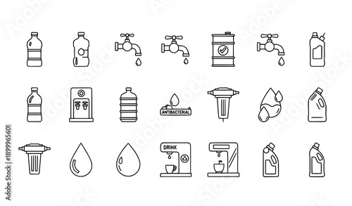 Water Drop Vector Line Icons Set for Bottles, Tap, and Filters
