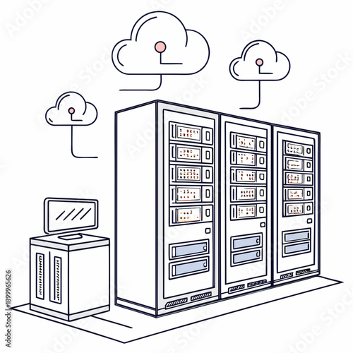 Server Data Center Illustration with Racks of Servers
