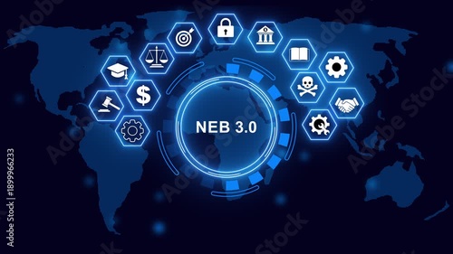 Neb 3.0 ,Business, technology, internet and networking concept ,blockchain business concept ,decentralized financial system with digital world map.