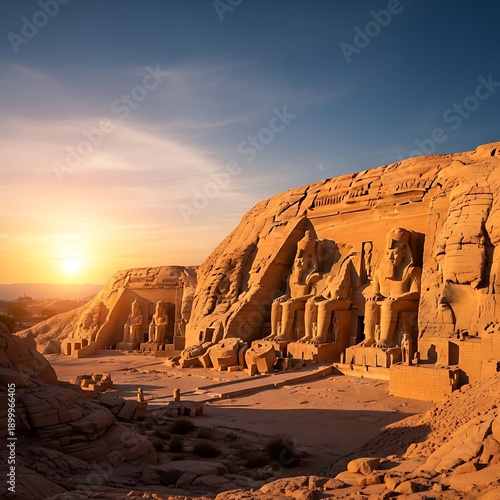 Majestic ancient Egyptian stone carvings of Pharaohs at Abu Simbel at sunrise, showcasing colossal statues and architectural grandeur under a warm, golden sky