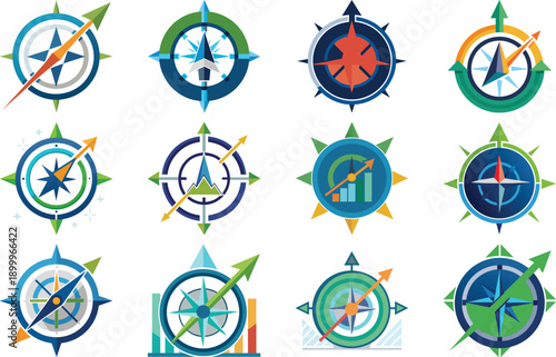 Compass Direction Growth Icon on White Background, Business Navigation Vector Illustration