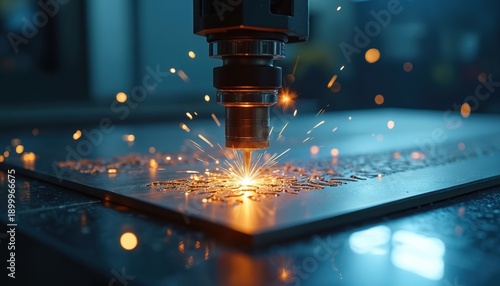 Automated laser cutter etches metal plate with intricate pattern. Sparks fly as machine works on industrial material. Precision manufacturing in factory workshop.