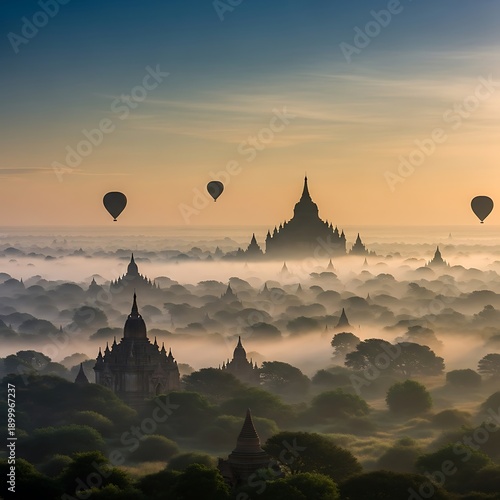 Majestic ancient pagodas rising above a misty landscape at dawn, with hot air balloons floating peacefully in the golden sunrise sky, creating a breathtaking and mystical travel scene
