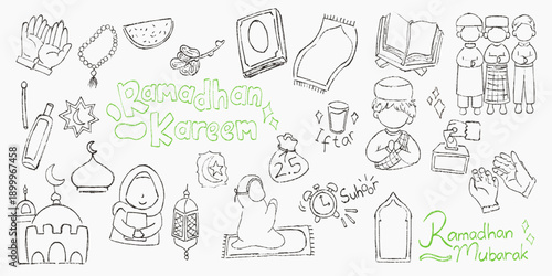 Illustration of Ramadan Kareem sketch doodle elements featuring prayer, mosque, iftar, suhoor, and Islamic symbols, suitable for religious campaigns and festive designs. Created in a hand drawn sketch