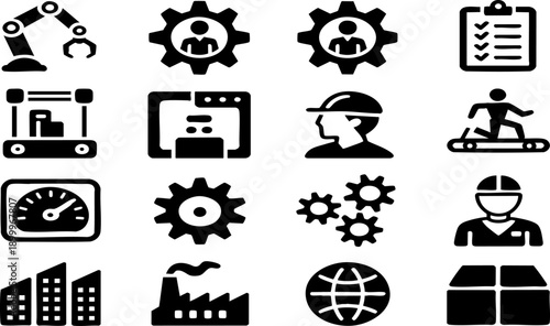Industrial Automation Black Line Icons Set – Factory Robot Process Control Vector EPS