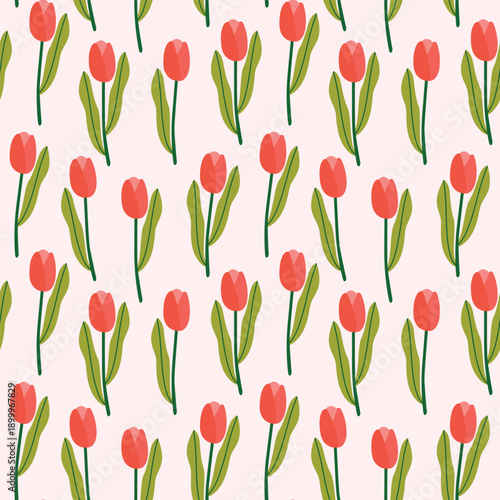 Seamless pattern of tulip flowers. Vector illustration in flat style for textiles, wallpaper, wrapping paper. 