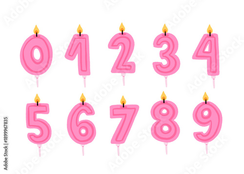 Pink Birthday candles in the form of numbers. Template set of symbols for invitation to the anniversary. Vector flat design isolated on white background