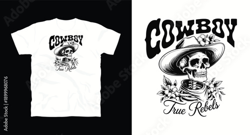 Cowboy skull with hat and flowers vintage gothic grunge style t-shirt design