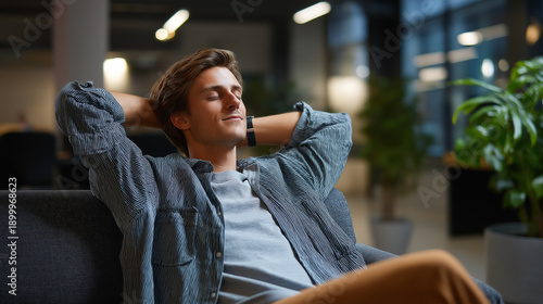 Wallpaper Mural Content young professional relaxing on office sofa, worker enjoying break on workplace comfortable furniture, corporate downtime with employee resting peacefully, modern office env Torontodigital.ca