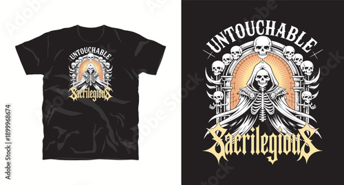 Untouchable sacrilegious skeleton in a cloak with skulls and pillars on t-shirt design