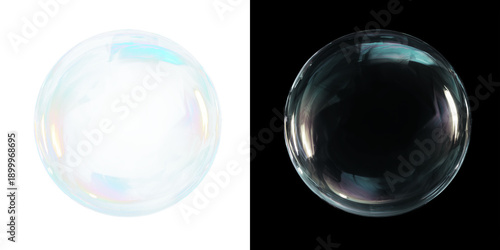 Cuadro en lienzo Large realistic soap bubble with soft transparent turquoise shades, isolated on transparent PNG and black background
