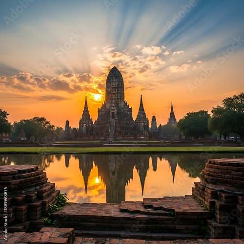 Magnificent Ancient Buddhist Temple Complex Reflecting in Serene Water at Sunrise with Dramatic Sunbeams