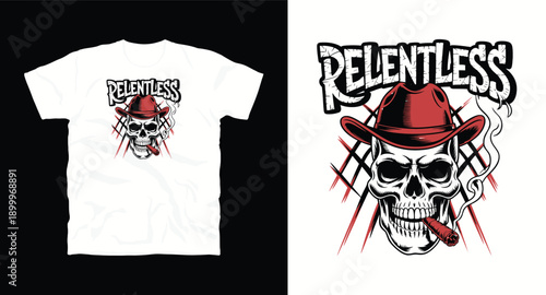 Relentless skull in cowboy hat smoking cigar graphic for t-shirt