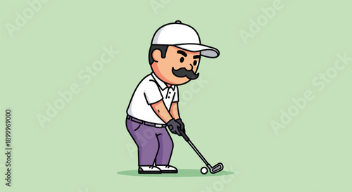 Cartoon golfer with mustache playing golf.