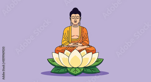 Buddha Meditating on a Lotus Flower Illustration.
