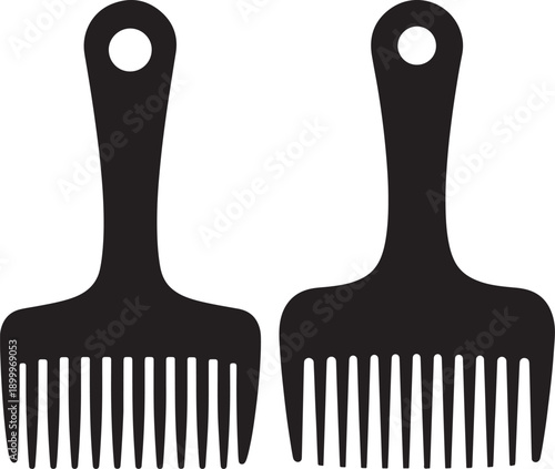 Black silhouette of two afro hair combs on a white background, simple vector illustration