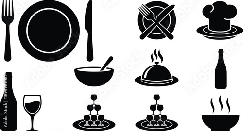 Black and white restaurant tableware and food plate fork knife