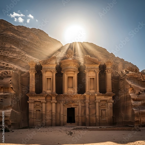 Ancient rock-cut monument bathed in majestic sunlight, revealing the grandeur of desert architecture under a dramatic sky, a testament to historical craftsmanship and enduring heritage
