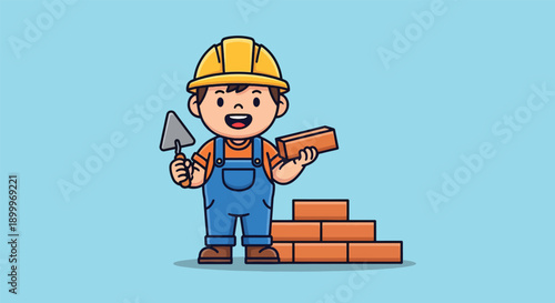 Cute Cartoon Builder with Bricks and Trowel.