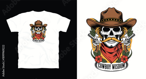 Cowboy wisdom skull wearing western hat with revolvers and flowers vector t-shirt design 
