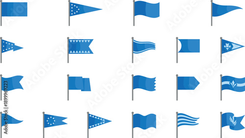 Blue flags on gray poles with various shapes and patterns flag shapes pennants