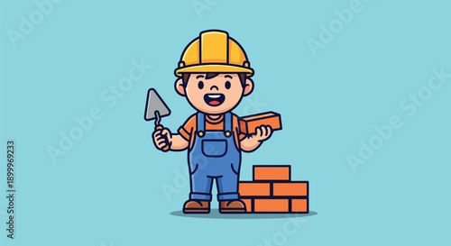 Cartoon Builder with Trowel and Bricks.