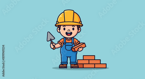 Cute Cartoon Builder with Trowel and Bricks Illustration.