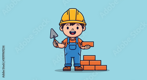 Cute Cartoon Builder with Trowel and Bricks.