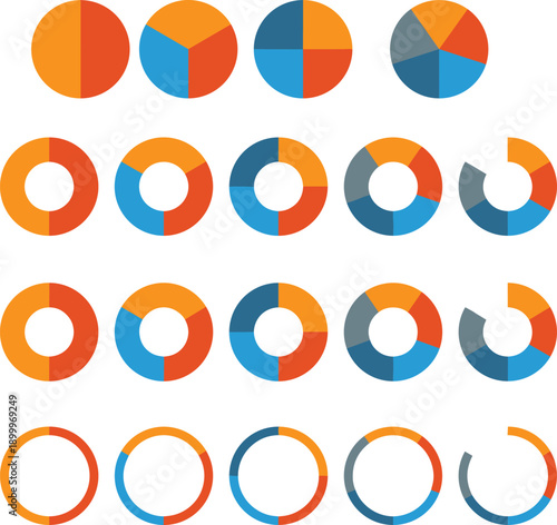 Pie charts and doughnut charts in various configurations and colors infographics